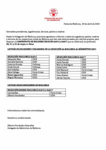 Carta Seleccionados Campeoanto Balear Escolar 2022